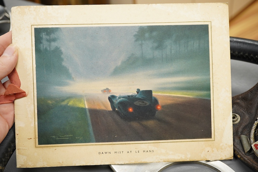 Racing ephemera, including; a Moto-lite steering wheel, a driver's leather cap, an enamelled Le Mans pilot’s radiator badge, signed photograph of Prince Michael Kent standing next to a 12 cylinder single seat racing car